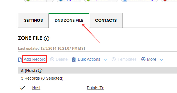 进入域名控制面板，在“DNS ZONE FILE”里面我们选择“Add Record”