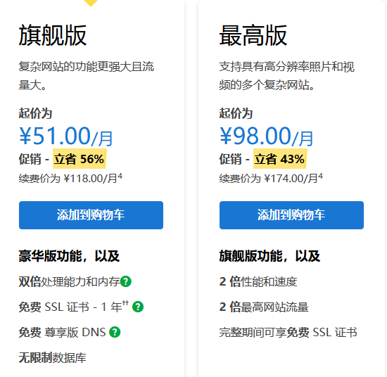 GoDaddy豪华型和旗舰型方案